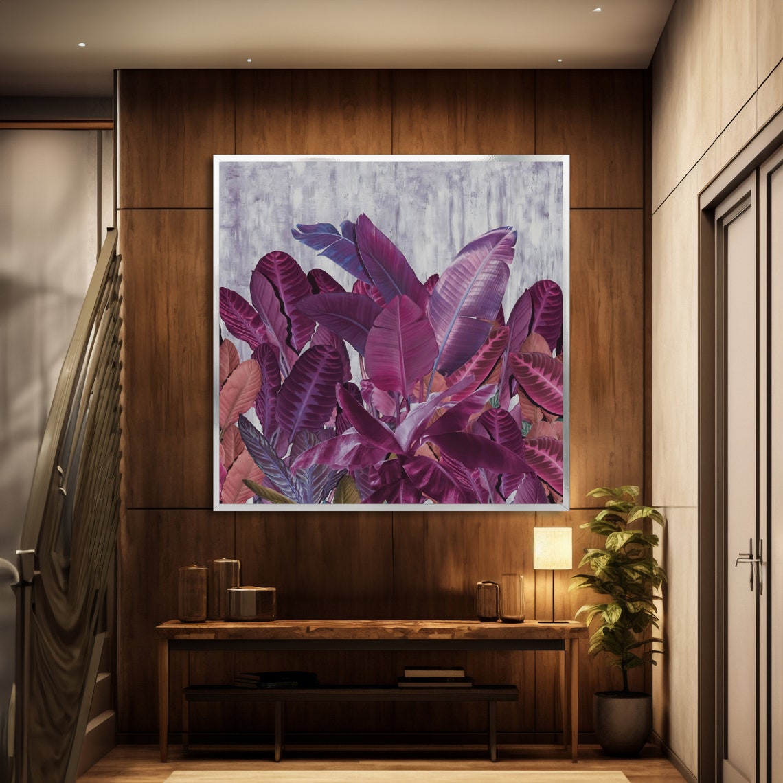 Lush Purple Banana Leaves Tropical Botanical Square Decor Poster - Image 2