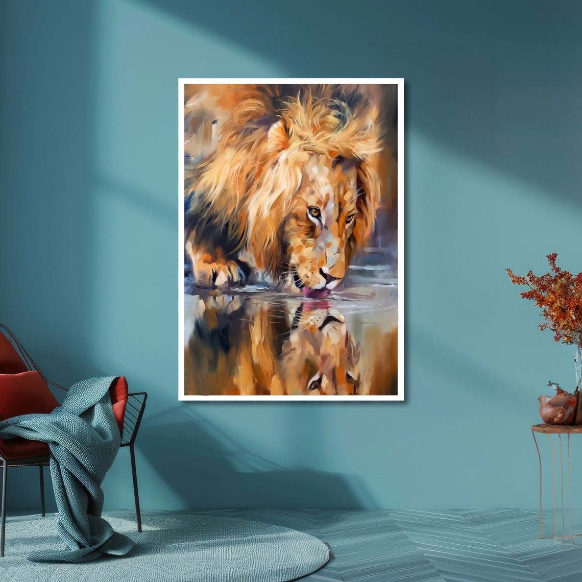 Reflective Lion Drinking Water Mirrored Reflection Art Poster - Image 3