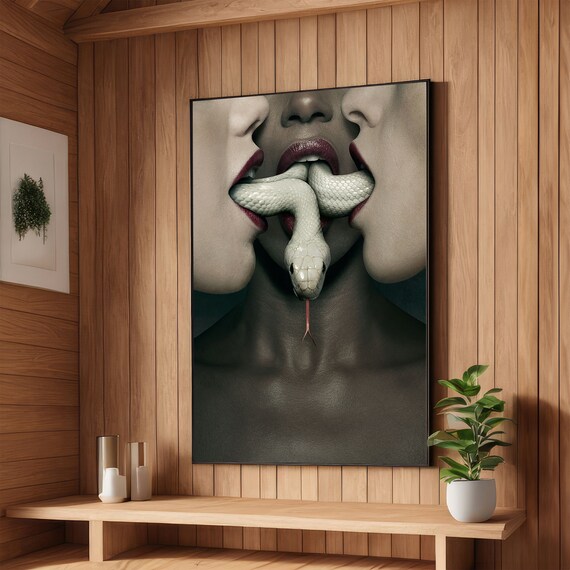 Sensual Close-Up Lips With a White Snake Surreal Erotic Art Poster