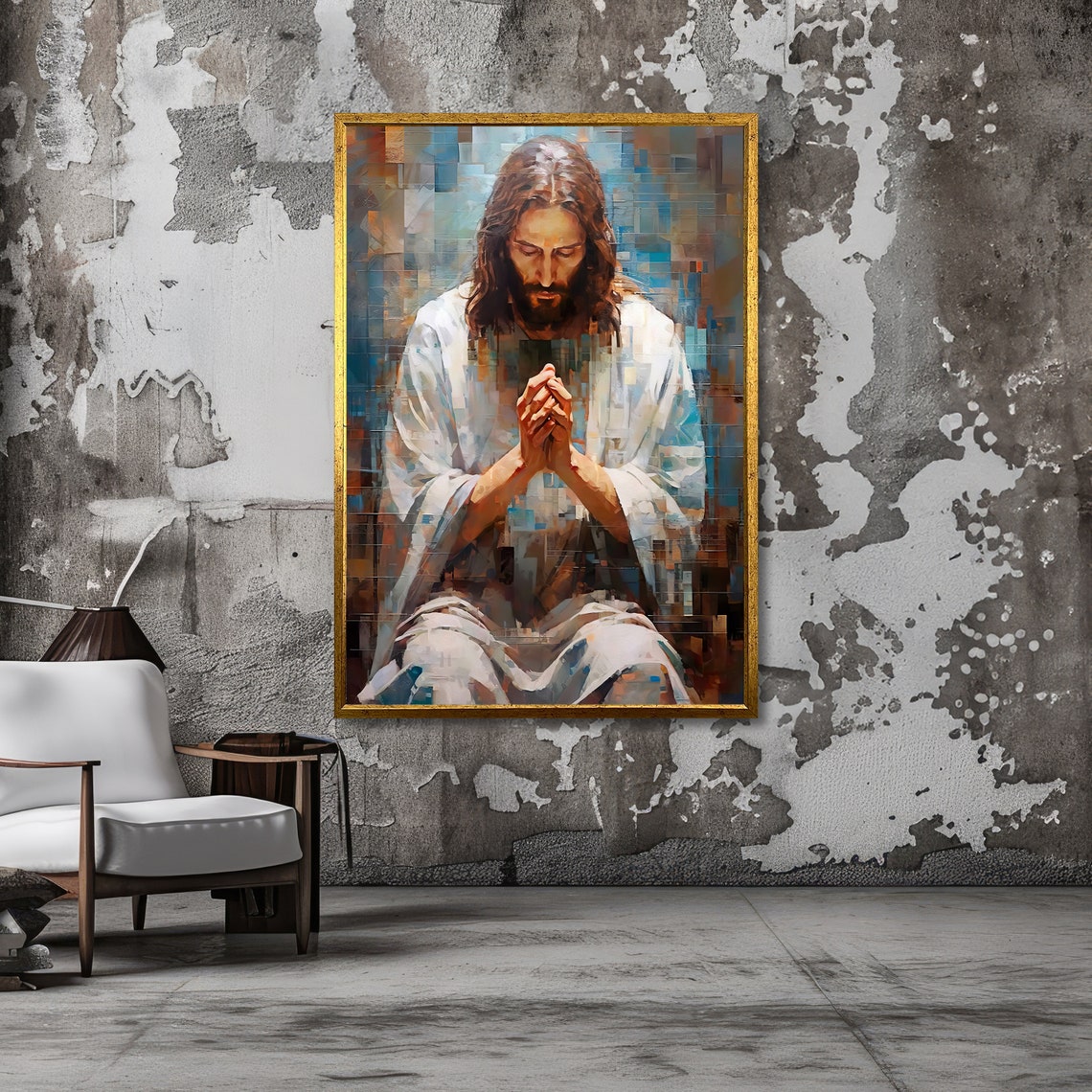 Jesus Christ Praying with Folded Hands Modern Textured Art Poster - Image 6