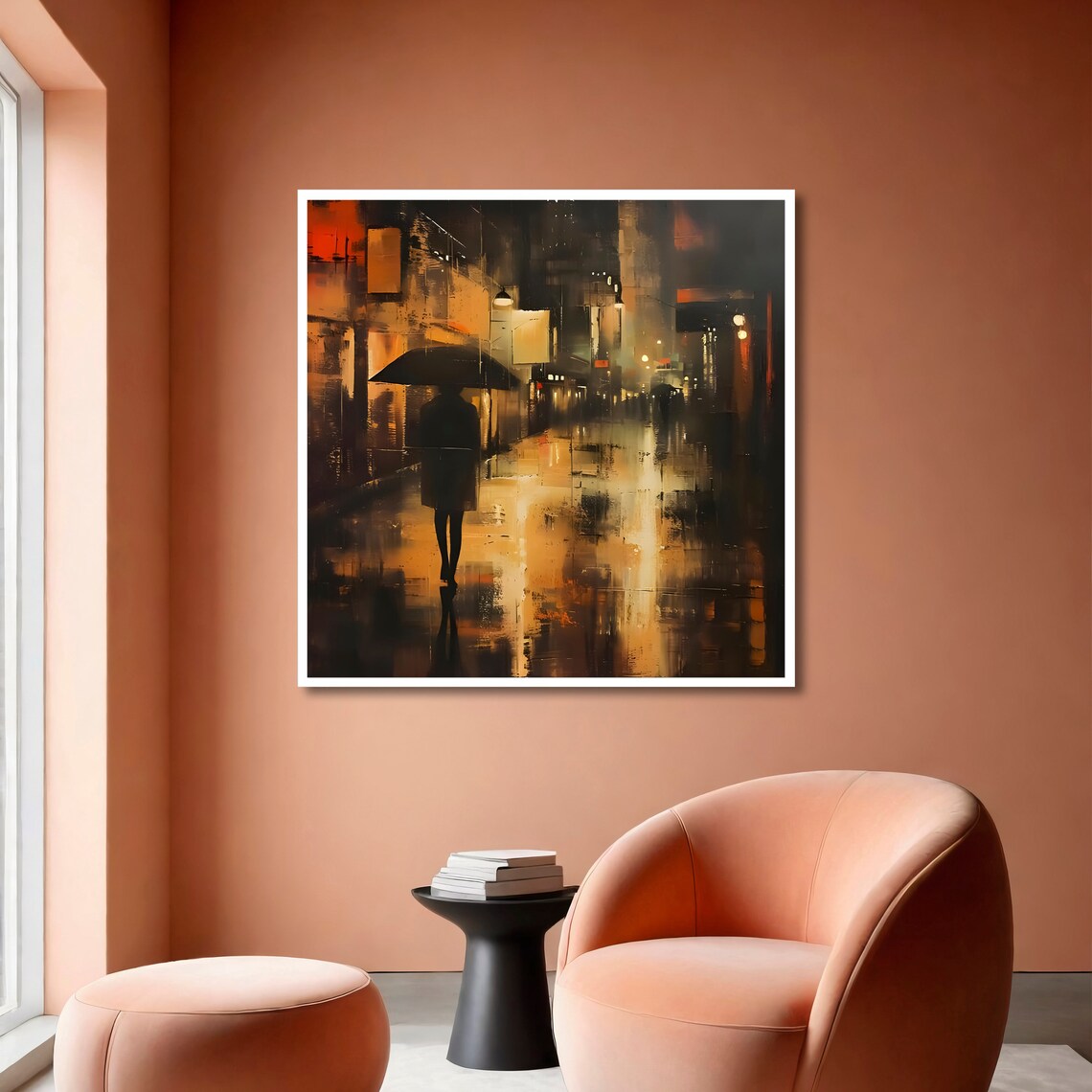 Lonely Figure With Umbrella Rainy Night City Street Scene Poster - Image 6