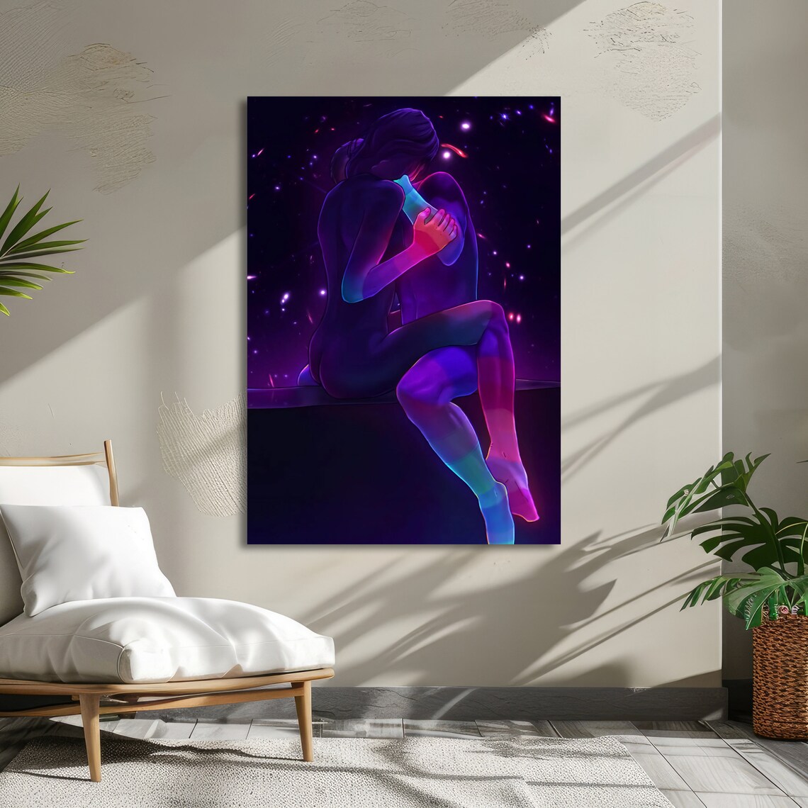 Neon Couple Embrace Under Starry Night Blue Purple Art Poster - Image 5
