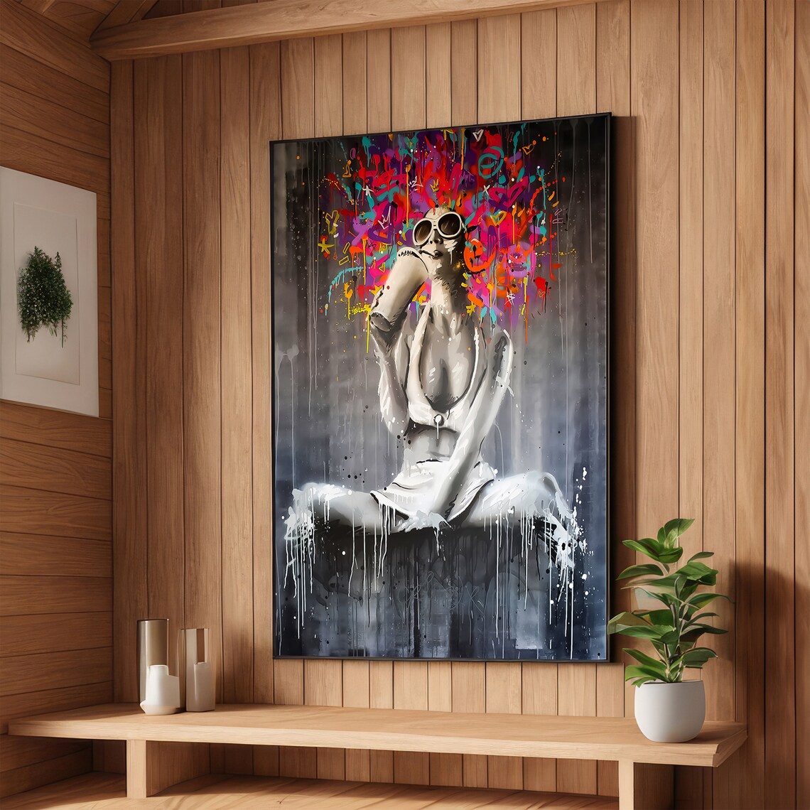 Vibrant Graffiti Woman Holding Spray Can with Colorful Halo Art Poster