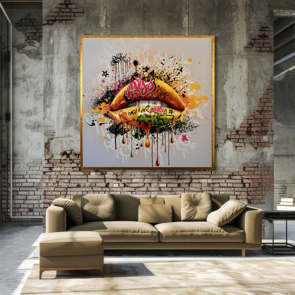 Golden Graffiti Lips With KISS ME Script and Dripping Paint Art Poster - Image 2
