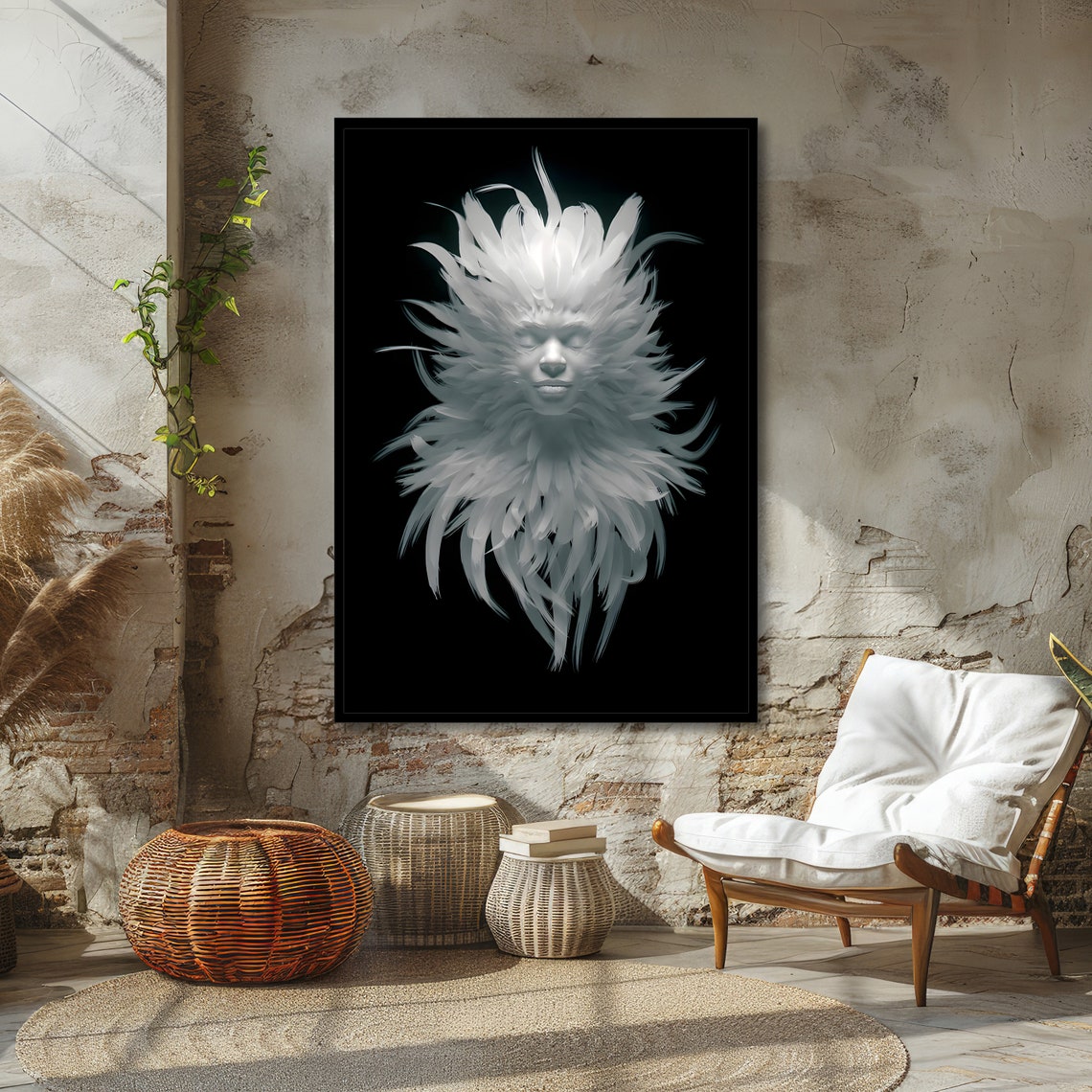 Ethereal White Feather Face in a Surreal Mystical Dream Art Poster - Image 4