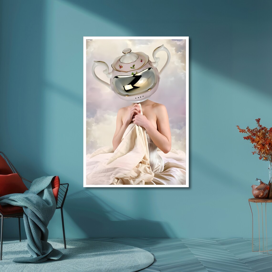 Vintage Lady With Teapot Helmet Surreal Wall Art Whimsical Art Print Ready To Hang Decor - Image 6