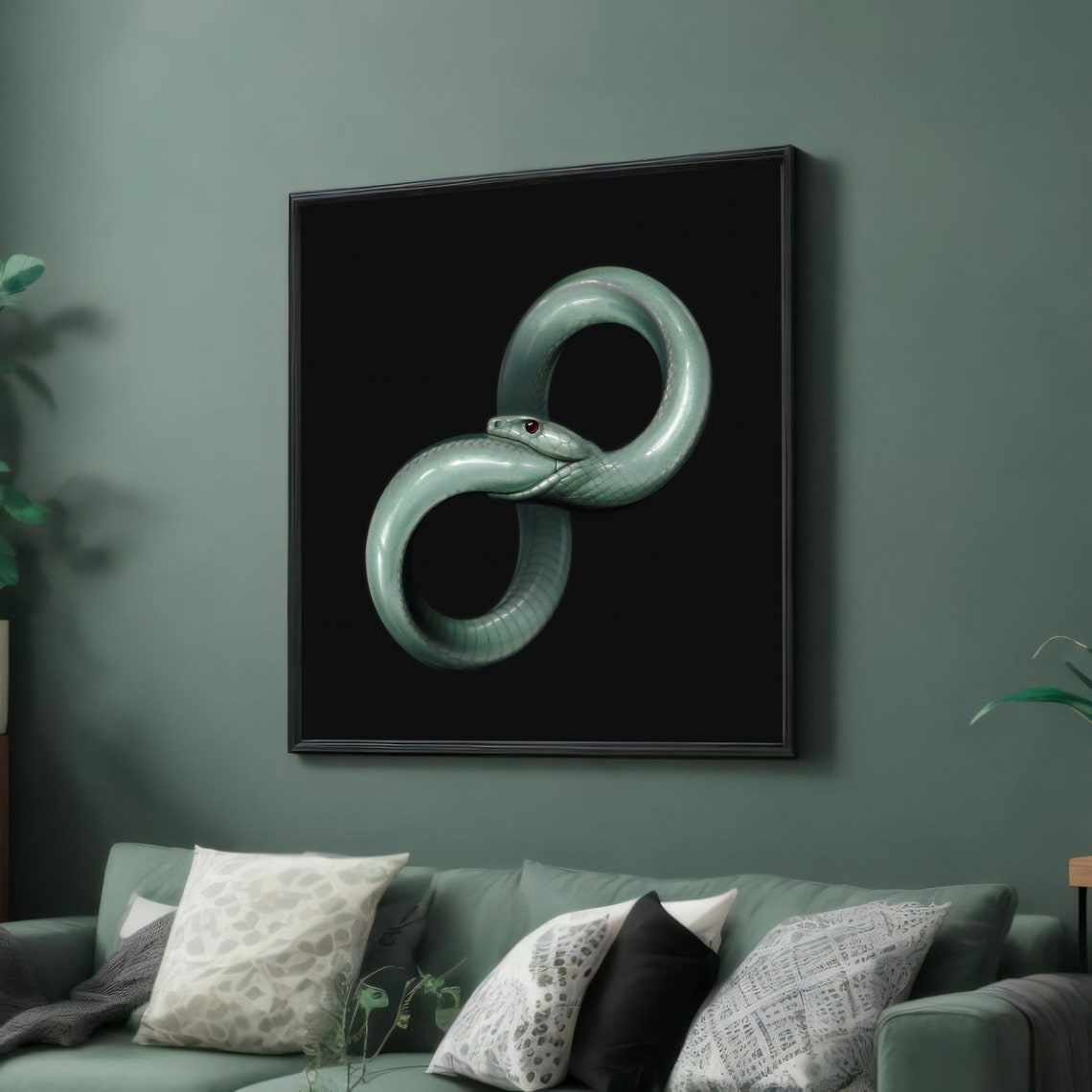 Pale Green Ouroboros Serpent in Infinite Loop on Black Poster