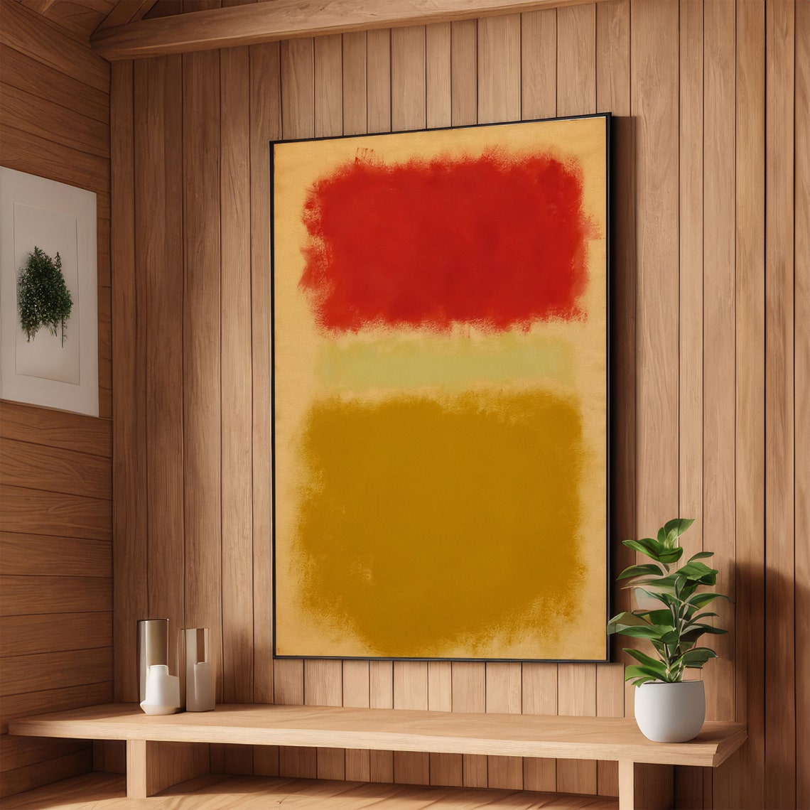Red and Gold Rothko Style Abstract Color Field Poster on Warm Beige