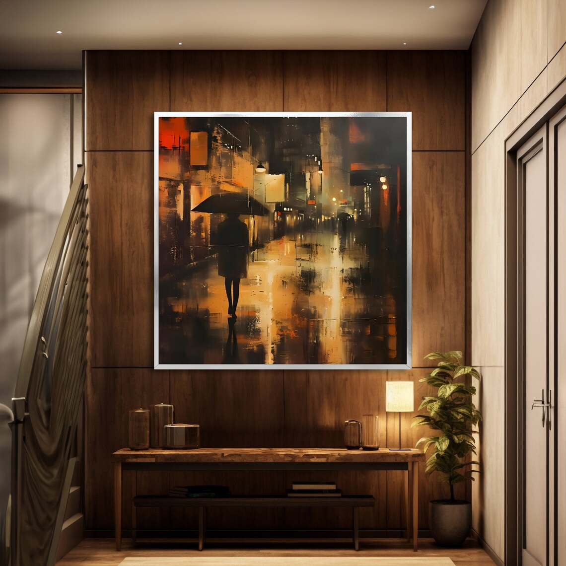 Lonely Figure With Umbrella Rainy Night City Street Scene Poster - Image 2