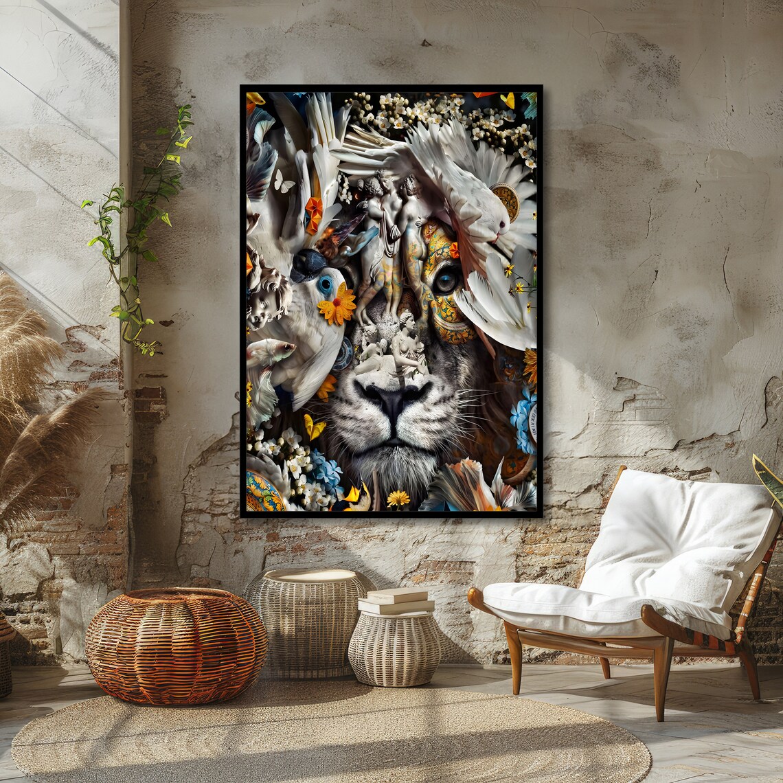Surreal Lion Collage with Doves Flowers Butterflies Art Poster - Image 3