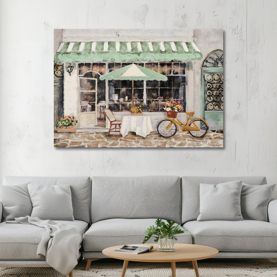 Charming European Cafe Storefront With Green Awning and Bicycle Art Poster - Image 2