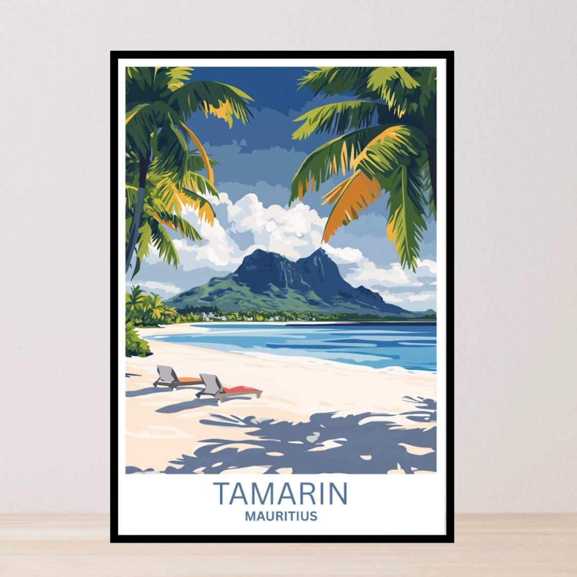 Tamarin Mauritius Palm Framed Beach Lagoon Mountain Travel Poster