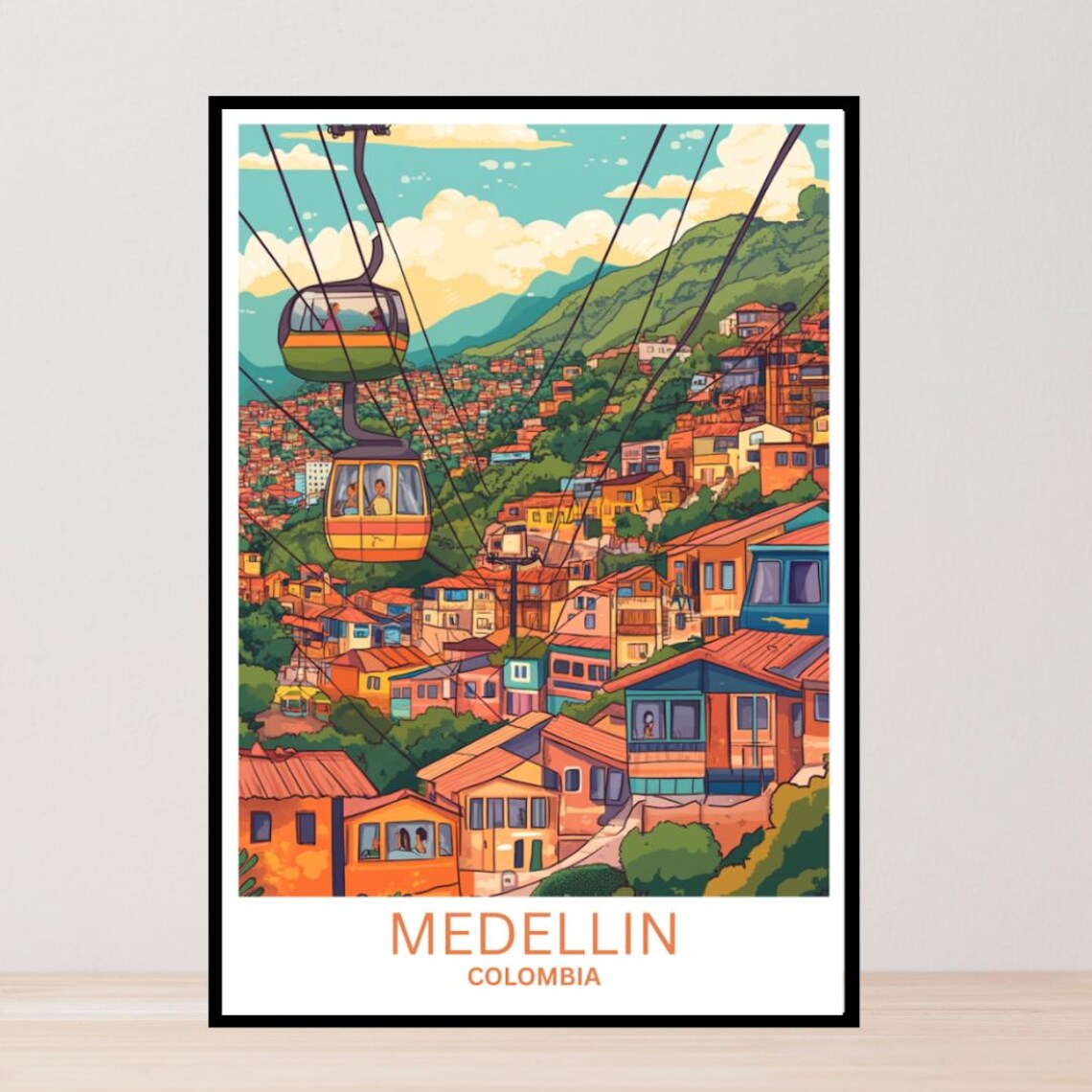 Medellin Colombia Cable Cars Hillside City Colorful Travel Poster