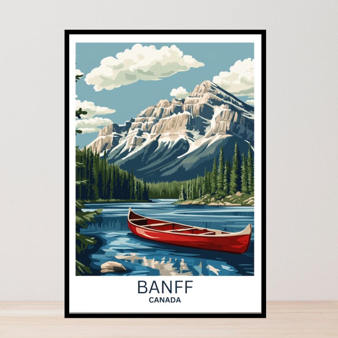 Banff Canada Rocky Mountain Lake Red Canoe Nature Travel Poster