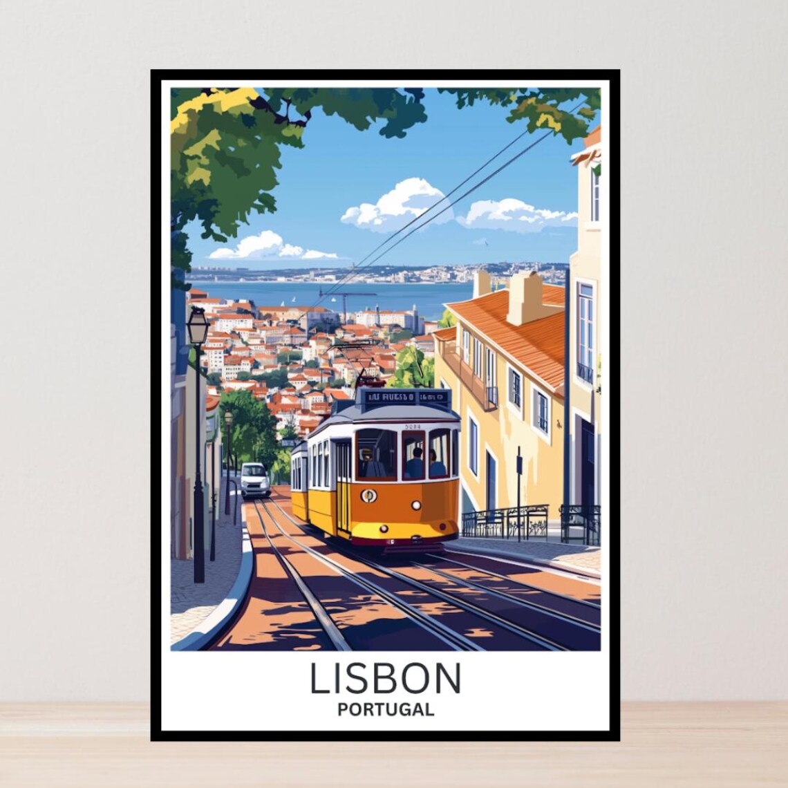 Lisbon Portugal Tram Downhill Tagus River Views Vintage Travel Poster
