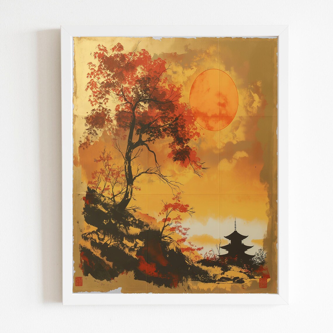Golden Sunset Landscape With Pagoda, Minimalist Japanese Inspired - Image 4
