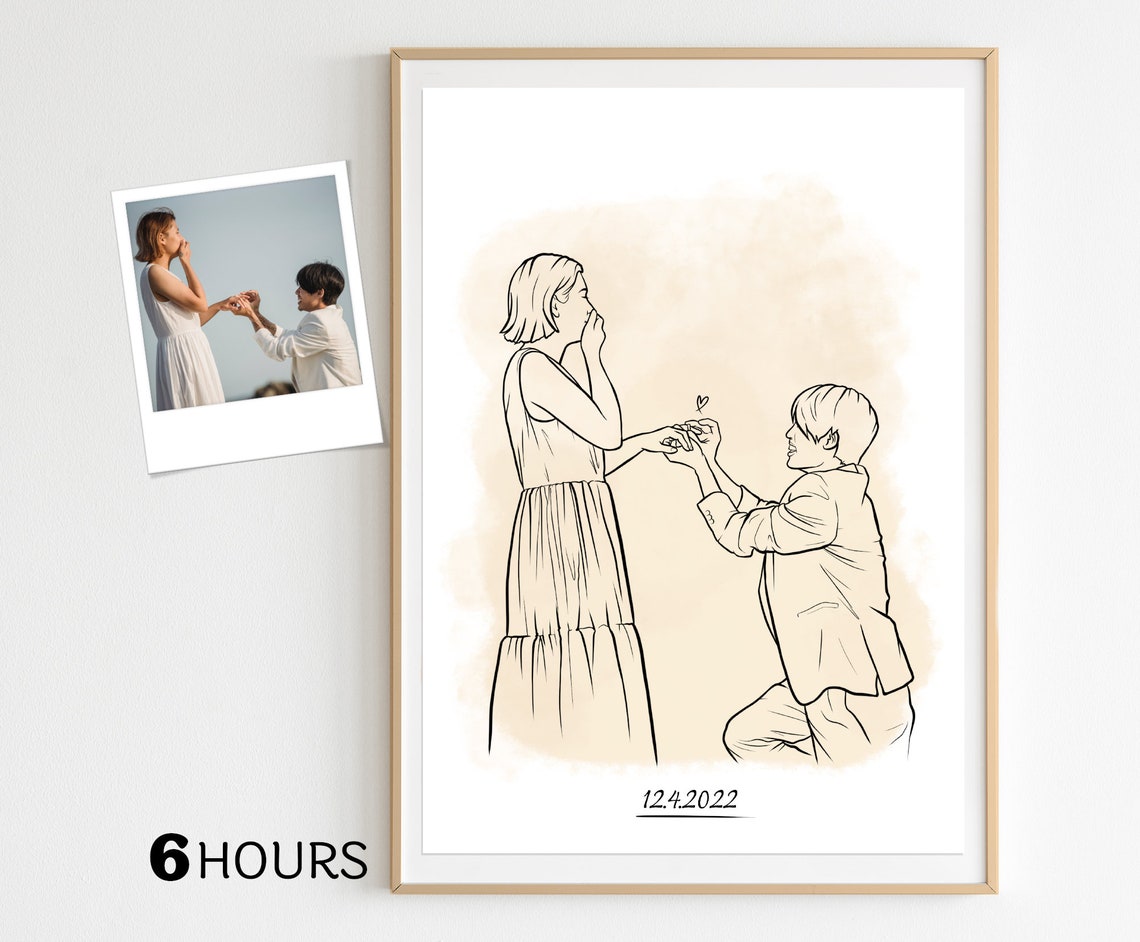 Personalized Line Art Proposal Portrait with 12.4.2022 Date Poster