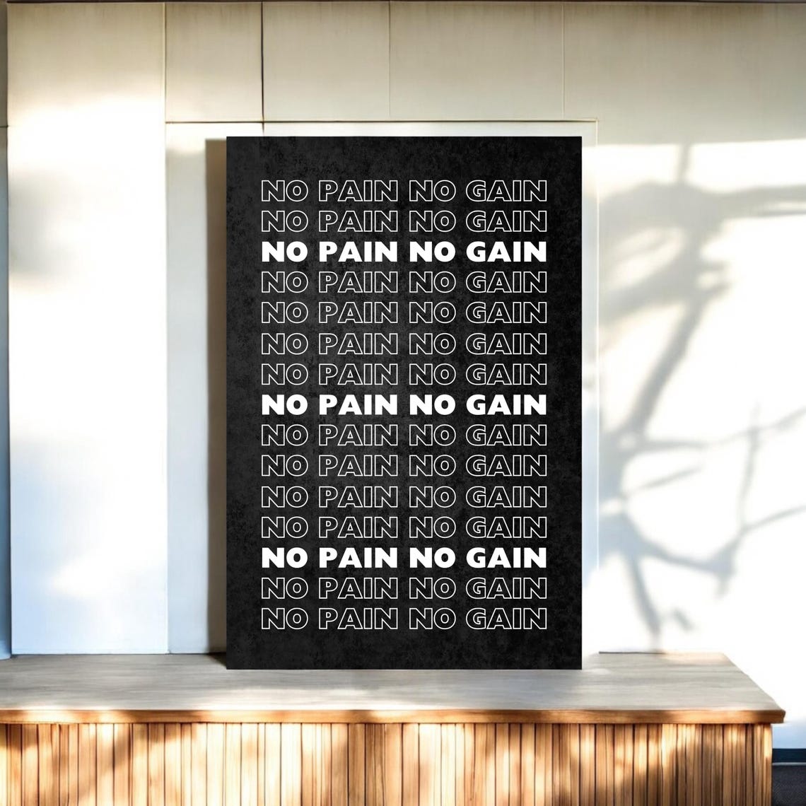 No Pain No Gain Repeated Text Black Gym Motivation Quote Poster - Image 4