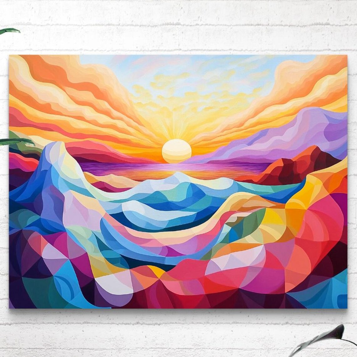 Abstract Geometric Mountain Sunset Landscape Poster in Vibrant Color