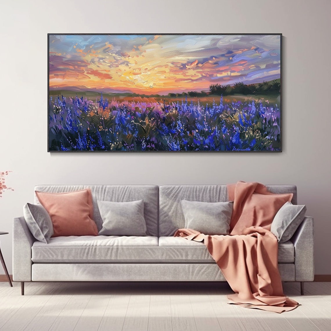 Lavender Field Sunset Oil Painting Purple Blossoms Golden Sky Poster