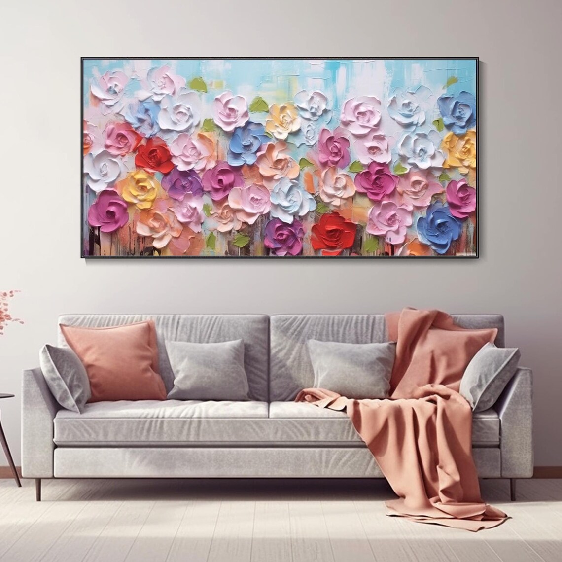 Colorful 3D Roses Oil Painting Multicolor Floral Impasto Wall Art