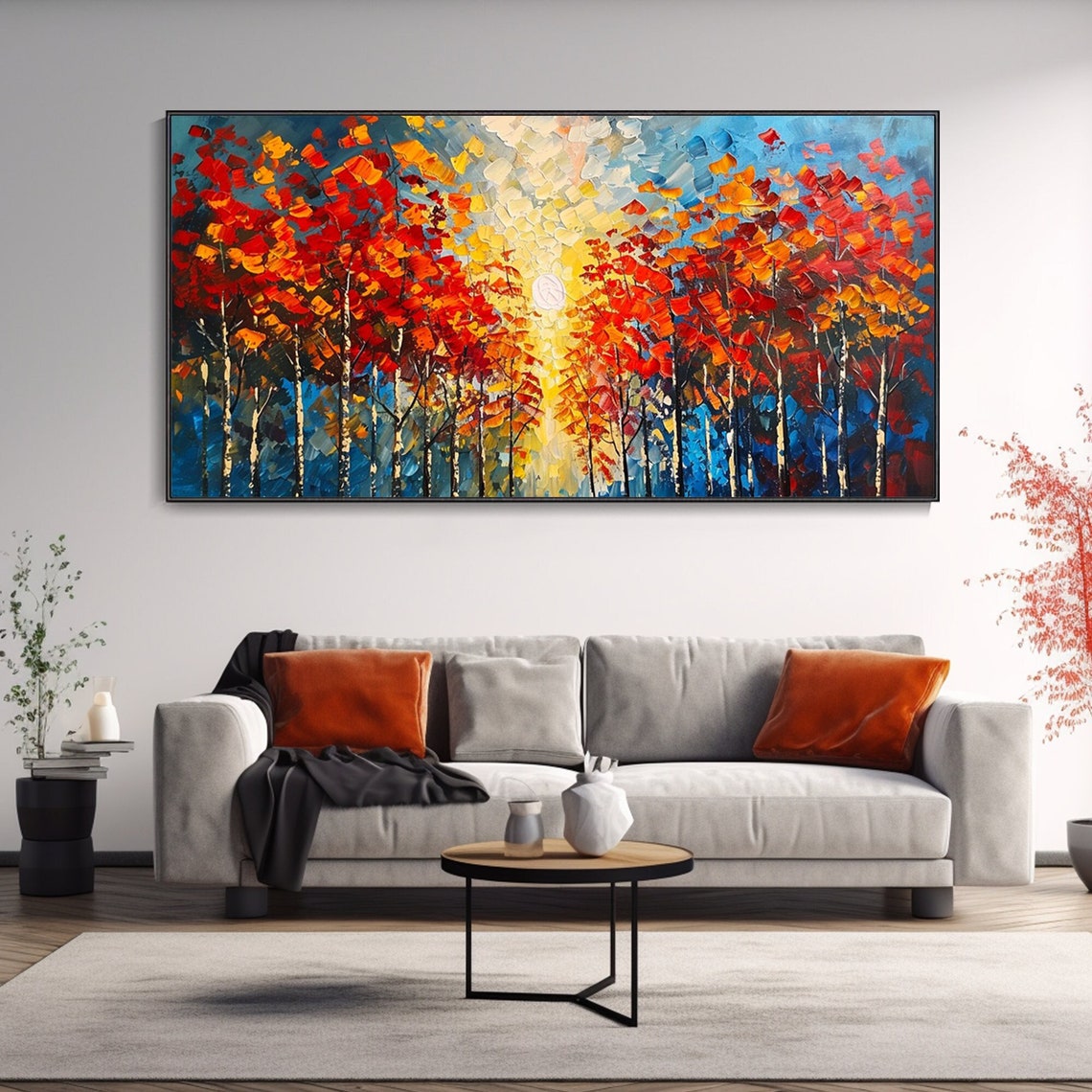 Autumn Forest Sun Glow Oil Painting Red Trees Mosaic Art Poster