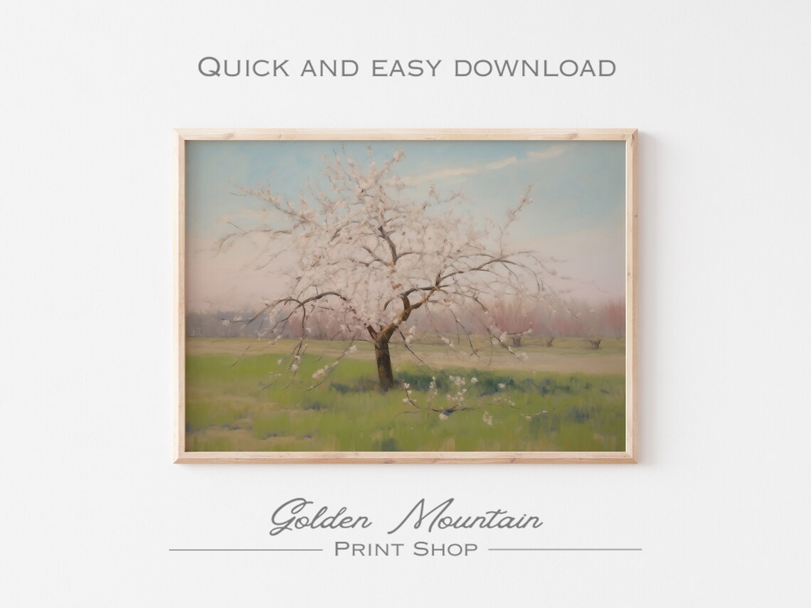 White Cherry Blossom Tree in Bloom Spring Pastoral Meadow Landscape Poster - Image 3