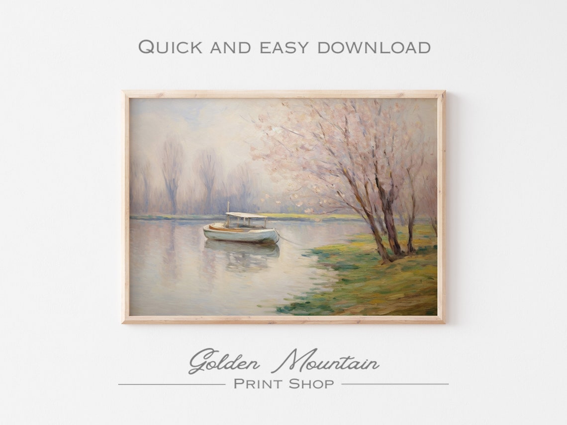 Boat Print Lake Landscape Wall Art Oil Painting Print Vintage Painting Neutral Seascape Wall Art Calm Water Print - Image 3