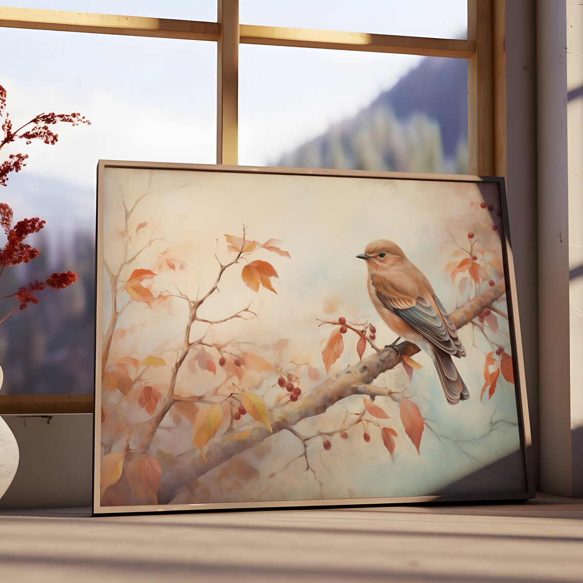 Small Songbird Berry Branch Autumn Leaves Warm Garden Bird Poster - Image 3