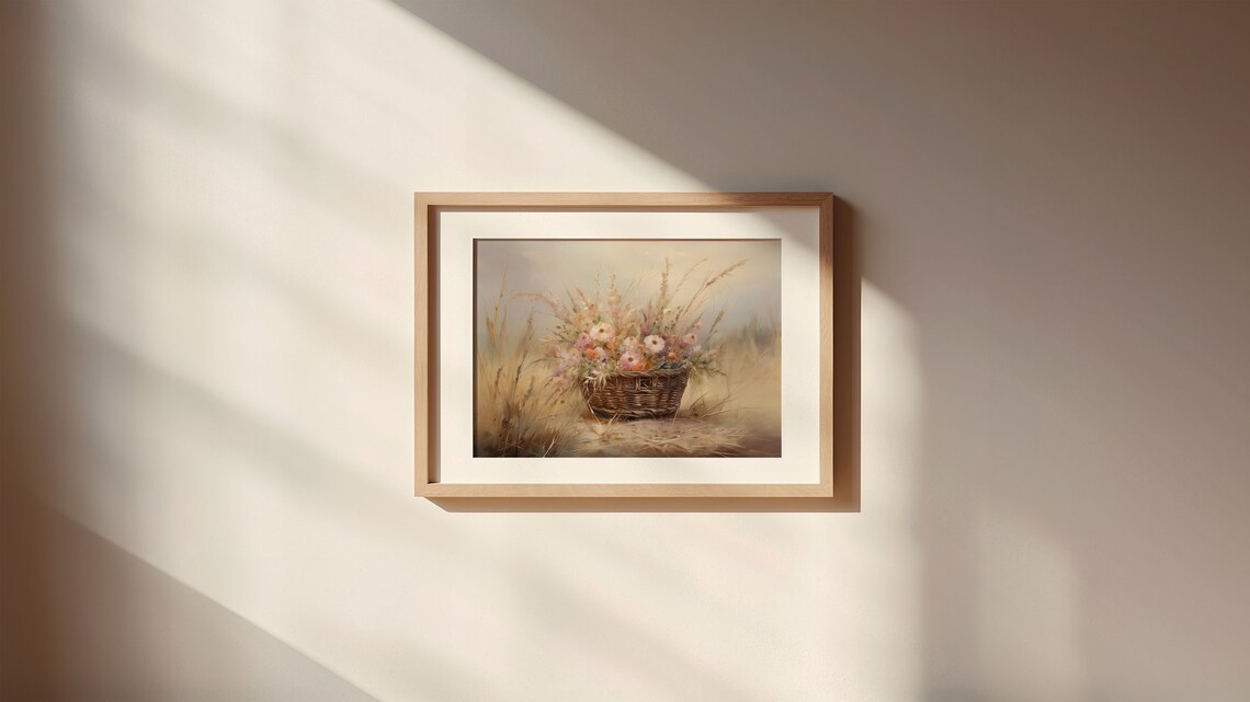 Wildflower Basket in Golden Wheat Field Warm Oil Painting Poster - Image 2