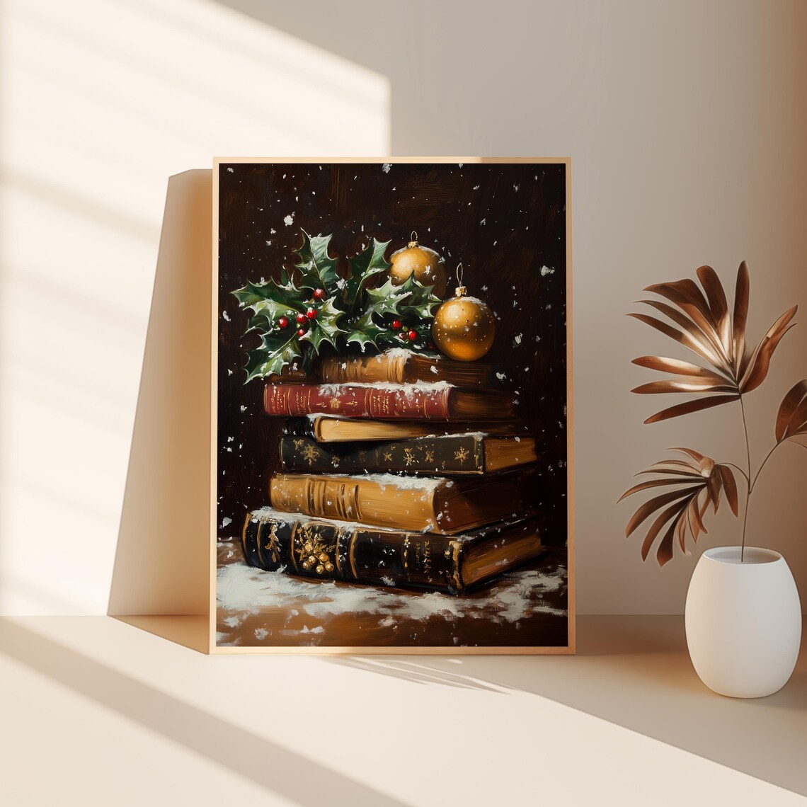 Vintage Books Snowy Stack Holly Ornaments Christmas Still Life Poster - Image 3
