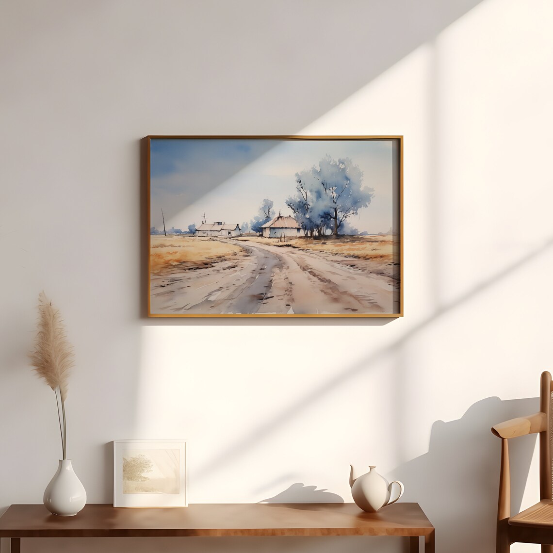 Watercolor Countryside Farmhouse Lane Golden Fields Country Print - Image 2