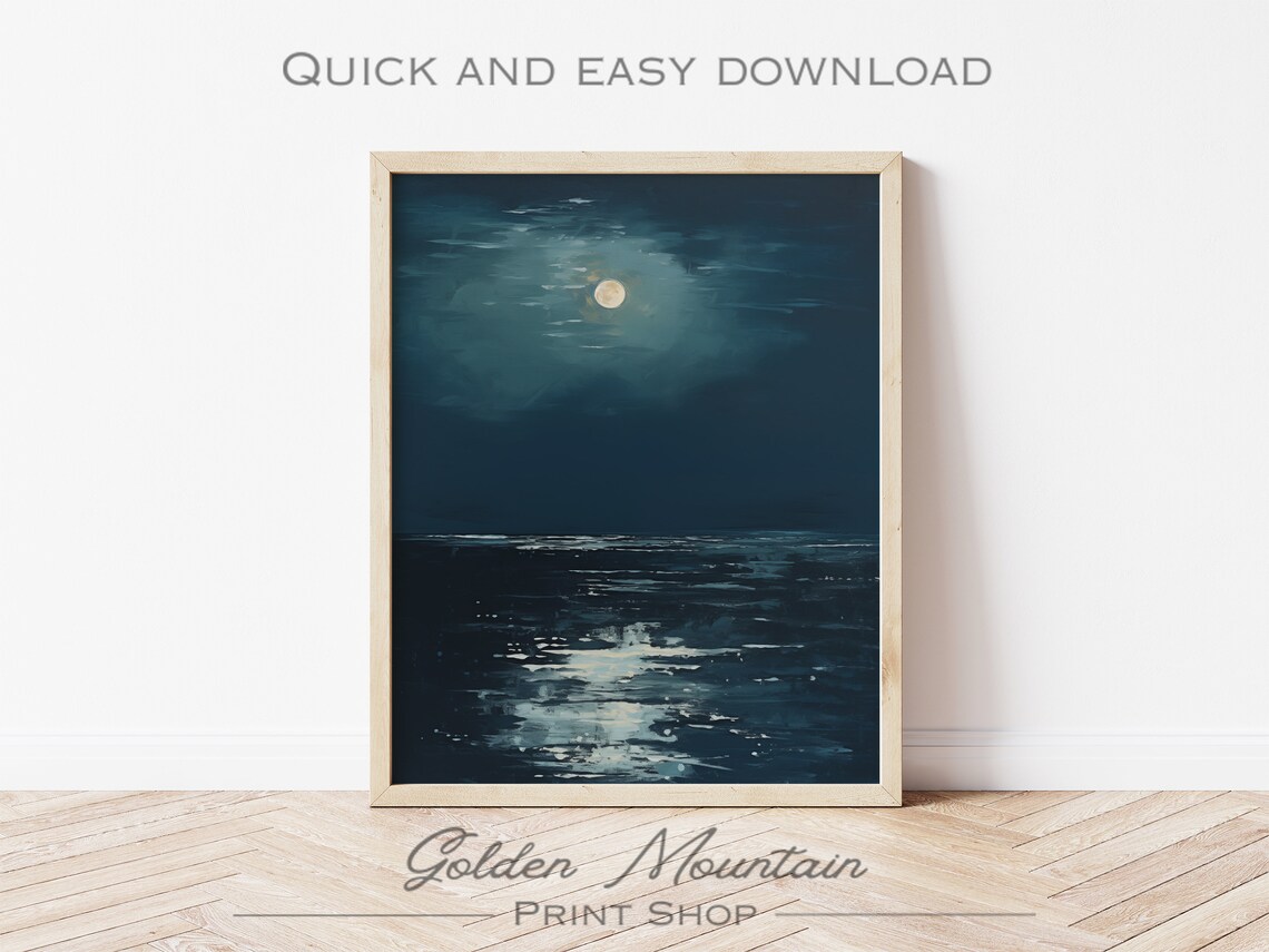 Moody Ocean Landscape Art Print, Vintage Moonlight Night - Image 3