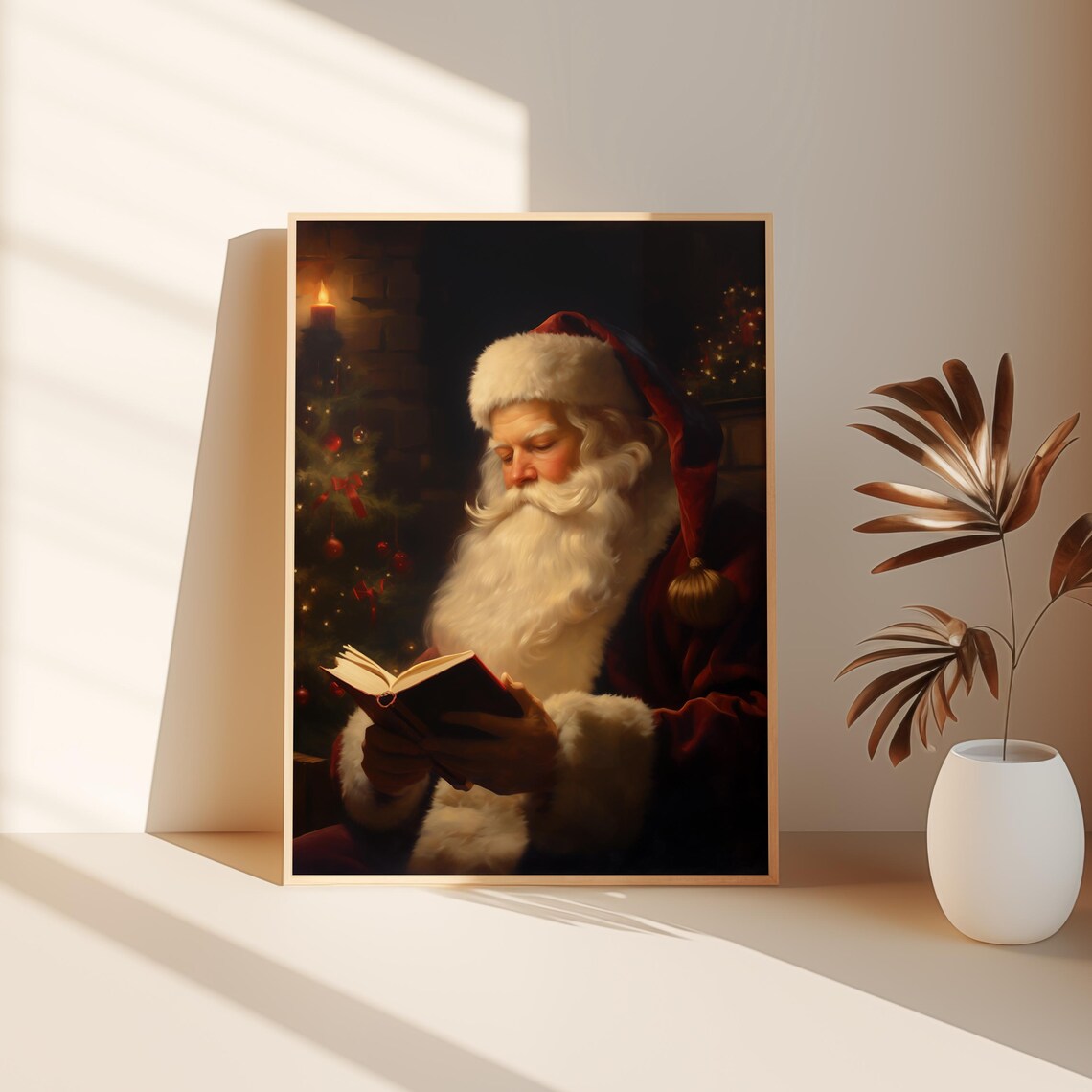 Santa Claus Reading Book Candlelight Christmas Eve Vintage Poster - Image 2