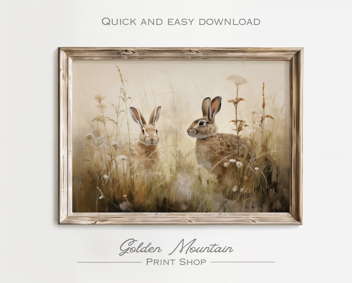 Two Hares Resting in Golden Meadow Tender Wildlife Art Poster - Image 3