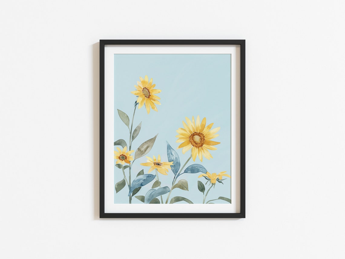 Yellow Sunflower Watercolor Tall Stems Blue Spring Decor Wall Art - Image 2