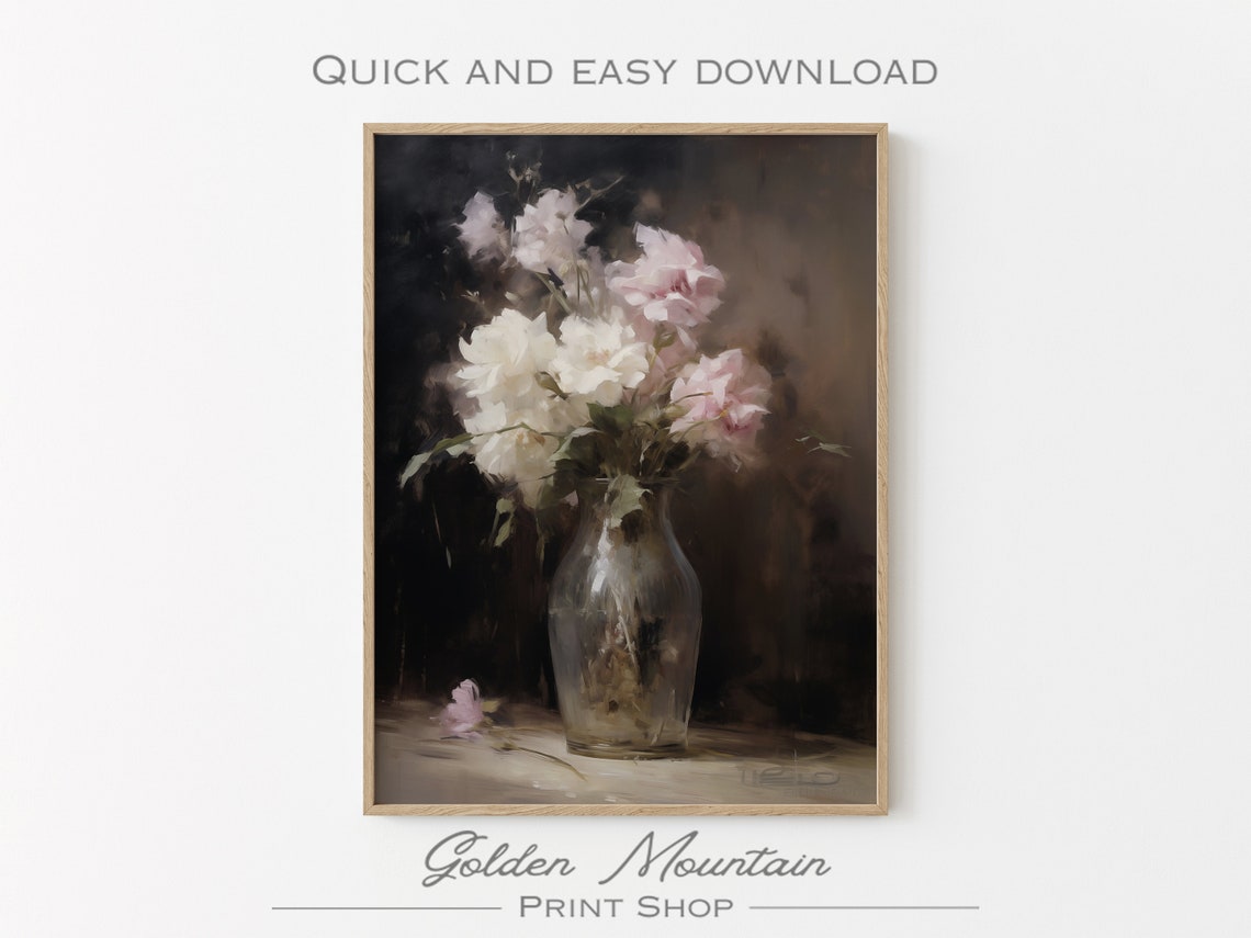 Moody Floral Still Life White Pink Roses Glass Vase Dark Wall Art - Image 2