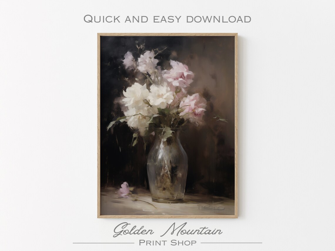 Moody Vintage White Flower Print Dark Floral Oil Painting Antique Art Dark And Moody Art Romantic Floral - Image 2
