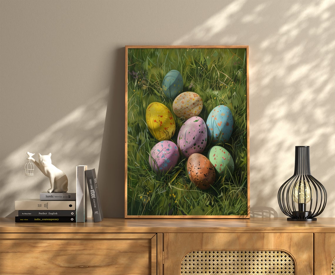 Colorful Painted Easter Eggs in Green Grass Spring Meadow Print - Image 3