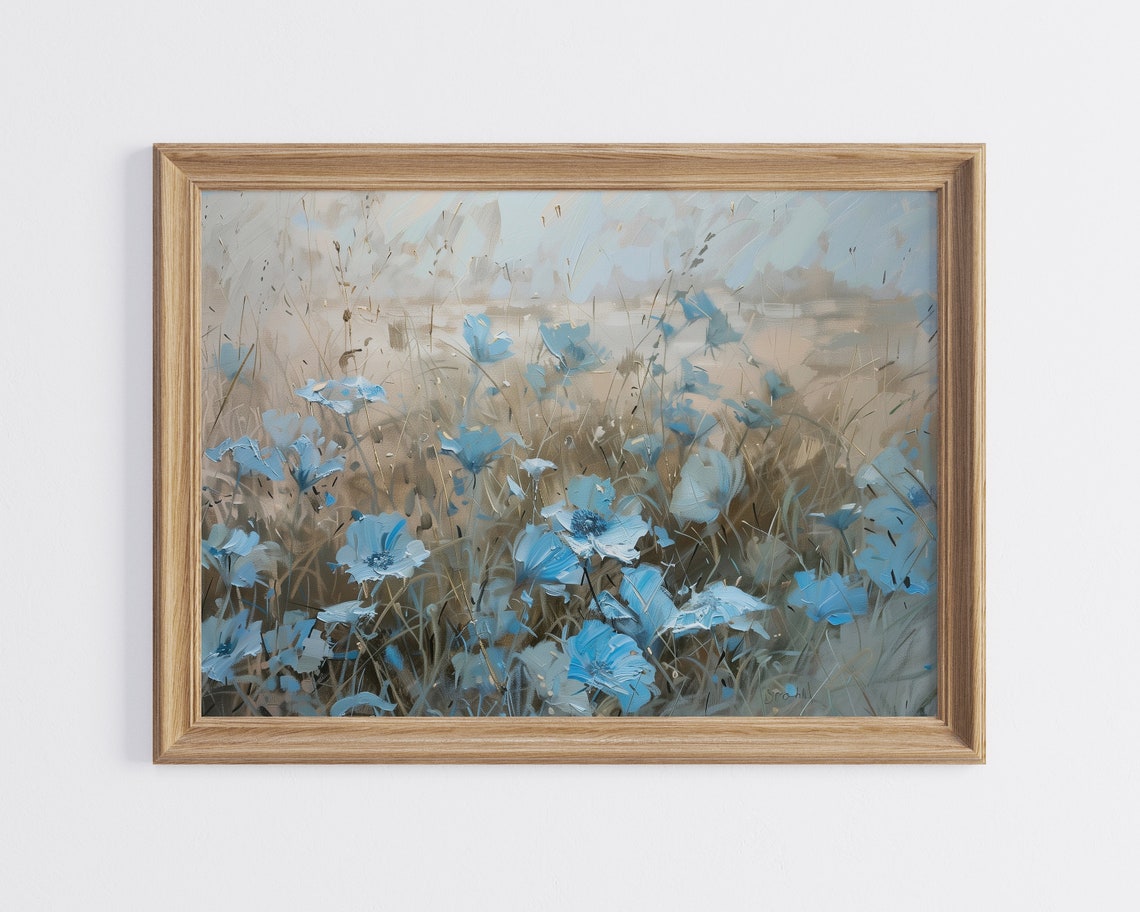 Blue Poppies Dancing in Neutral Beige Field Impressionist Poster - Image 3