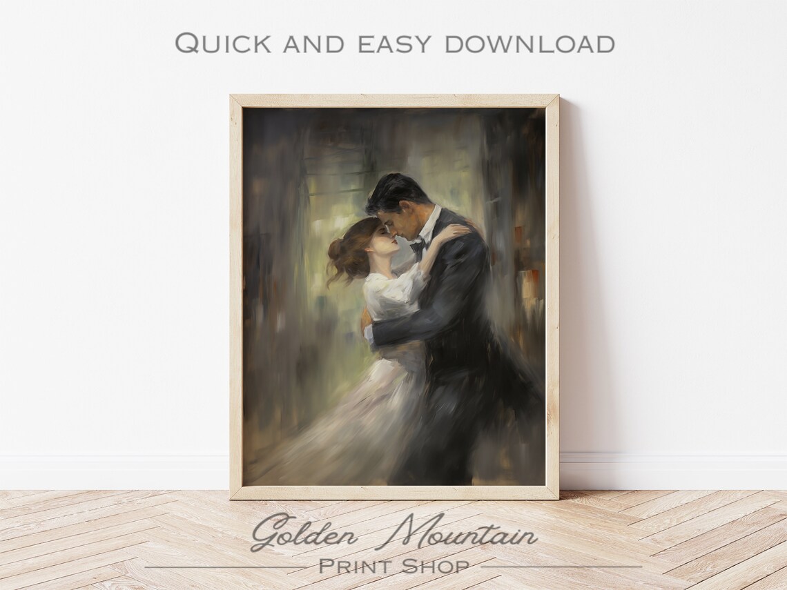 Romantic Embracing Couple Moody Vintage Oil Painting Love Poster - Image 3