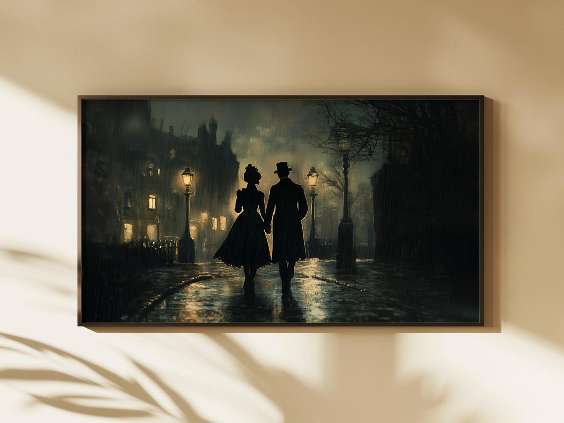 Victorian Couple Walking in Rain Romantic Night Scene Poster - Image 2