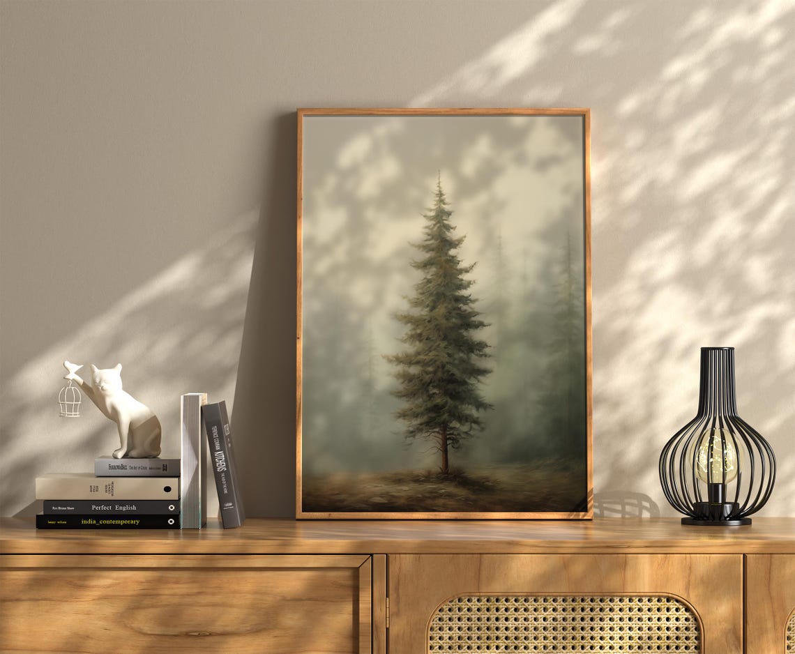 Tall Pine Tree In Fog Neutral Beige Forest Moody Minimalist Poster - Image 3