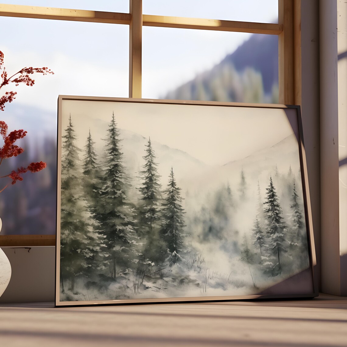 Misty Winter Pine Forest Snowy Evergreen Watercolor Woodland Poster - Image 3