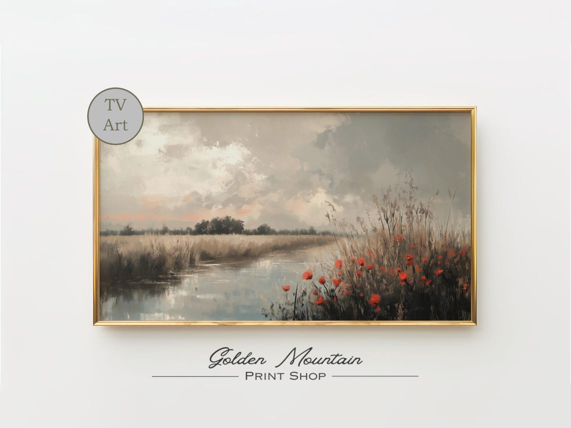 Neutral Red Wildflower Tv Art Spring Tv Art Landscape Painting Farmhouse Tv Art Spring Decor Red Flower Tv Art Floral Art Countryside