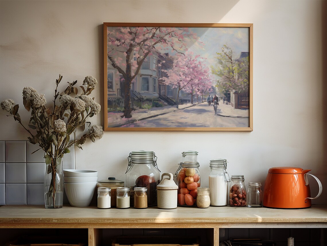Cherry Blossom Street with Townhouses in Bright Spring City Poster - Image 3
