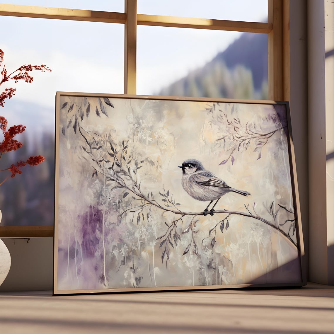 Gray Songbird on Branch Lavender Pastel Bird Painting Wall Art - Image 3