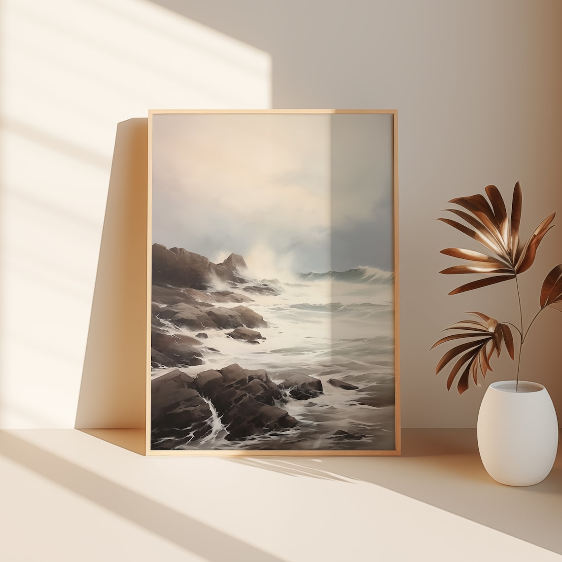 Misty Ocean Waves Crashing On Rocky Shore Moody Seascape Wall Art - Image 2