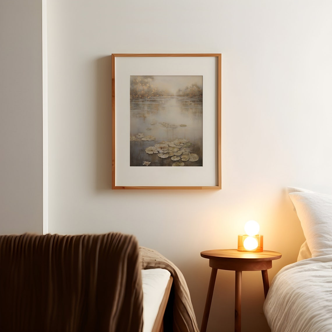 Misty Lake with Lily Pads Muted Sepia Watercolor Landscape Print - Image 2