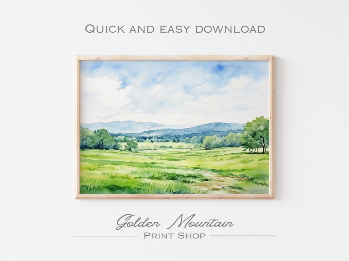 Watercolor Green Meadow Valley Blue Mountains Spring Landscape Poster - Image 3